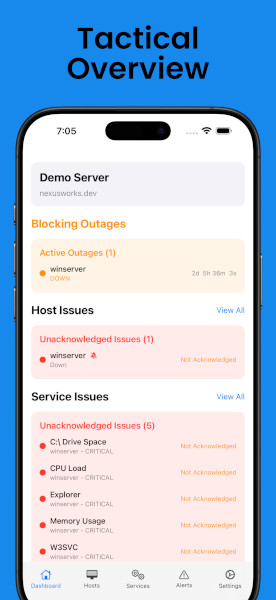 NagMon dashboard showing blocking outages, host issues, and service issues at a glance